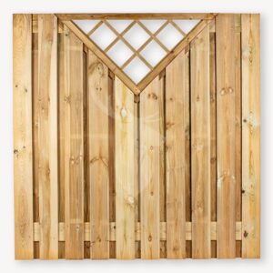 grenen tuinscherm | 17mm | 180x180cm | 21 planks | met trellis driehoek | groen geïmpregneerd | geschaafd
