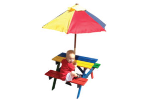 Grenen kinderpicknicktafeltje 53x85x75cm (hxbxl) geverfd inclusief parasolletje