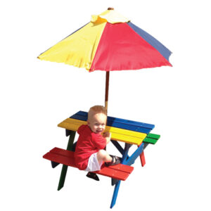 Grenen kinderpicknicktafeltje 53x85x75cm (hxbxl) geverfd inclusief parasolletje